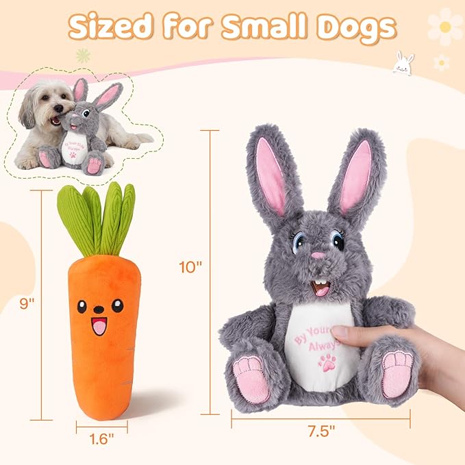 Dog Toys for Small Dogs, Cute Bunny & Carrot Plush Squeaky Dog Toy Set with Crinkle Paper, Soft Interactive Puppy Toys for Indoor Play, Gentle Chewers, 2 Pack