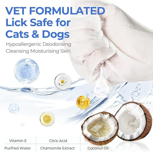 Pet Cleaning Glove Wipes for Dogs & Cats, Hypoallergenic Deodorizing Disposable Bathing Wipes,No-Rinse Grooming Wipes,Perfect for Pet Dry Cleaning,Daily Care and Travel, Coconut Scent, 24 pcs