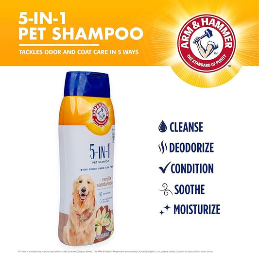 Arm & Hammer for Pets 5-in-1 Dog Shampoo with Conditioner, Deodorizing Oatmeal Dog Shampoo with Aloe, Shea Butter, Baking Soda and Coat Care, Vanilla Sandalwood Scent, 20 Fl Oz