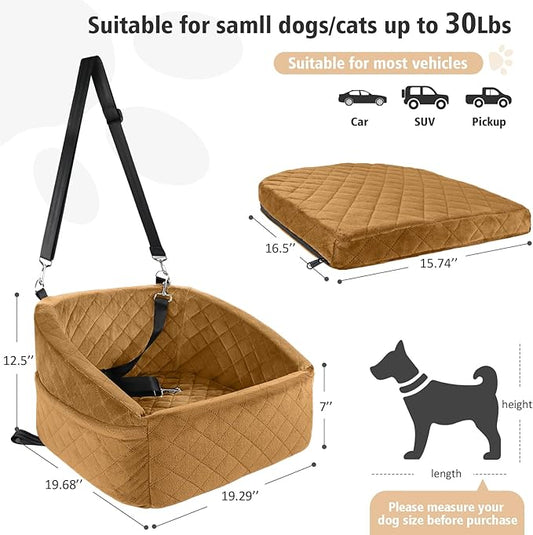 NEEZUKAR Dog Car Seat for Small Medium Dogs,Detachable Washable Dog Booster Seat Under 30lbs,Pet Car Seat Travel Bed with Storage Pockets and Dog Safety Belt(Brown