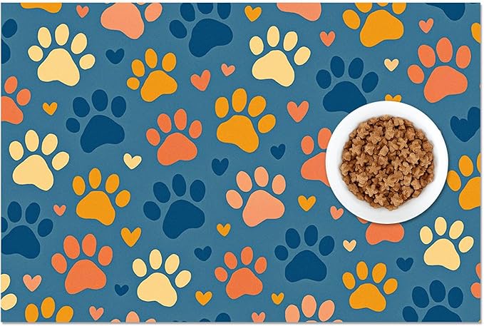 Colorful Dog Paw Print Pet Feeding Mat Spill-Proof Pets Food Mat for Dog Food and Water Bowl Pet Feeding Bowl Mats for Pets Feeding Cute Easy Clean Fast Dry Cats Feedings Pad 24" x 16"