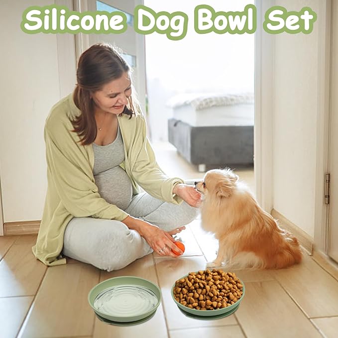Silicone Dog Bowl Set of 2-7.7in No Spill Puppy Food and Water Dish Less Mess Cat Plates with Suction Cup Non-Tippable Feeding Bowls for Small & Medium-Sized Pets (Round Green)