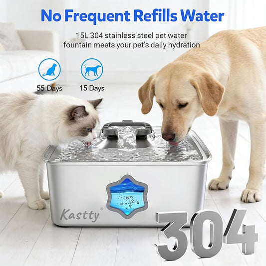 Kastty Large Dog Water Fountain, 15L/4Gal Stainless Steel Pet Water Bowl Dispenser with 5-Stage Filtration, AUTO Dual-Color LED, Visual Window, Ultra Quiet, for Large Medium Dogs & Multi-pet, FS81
