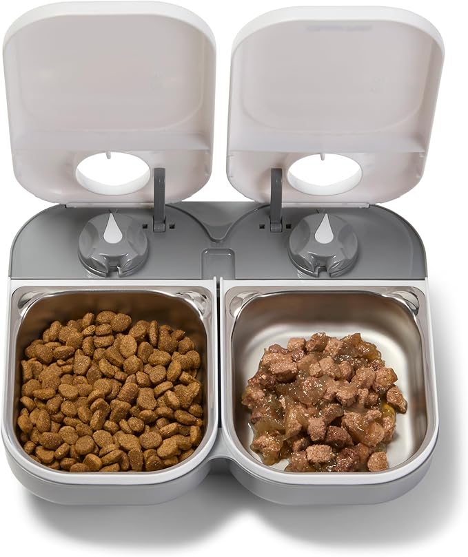 Closer Pets C200 2 Meal Timer-Controlled Automatic Pet Feeder - for Cats and Small Dogs, Wet or Dry Food, Stainless Steel Bowl Inserts and Ice Pack, up to 14 oz Each, White