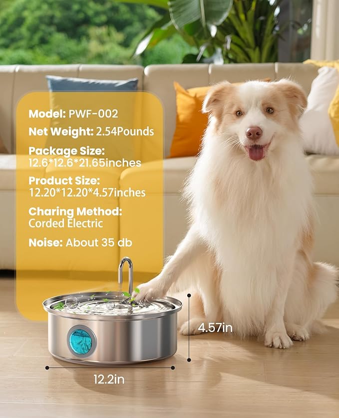 Oneisall Pet Water Fountain with 8Set Filters, 7L/230oz Quiet Dog Water Dispenser, Stainless Steel Dog Fountain with Visual Water Level&4-Layer Filtration for Large Dogs