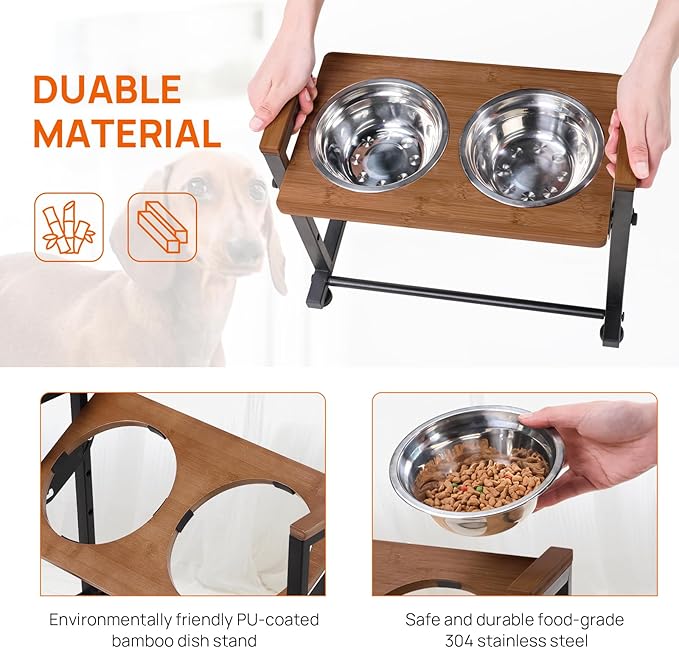 Adjustable Height Pet Feeder Stand with 2 Dishwasher-Safe Stainless Steel Bowls – Brown Wood Top & Black Metal Frame Elevated Food/Water Station for Dogs/Cats Under 100LBS