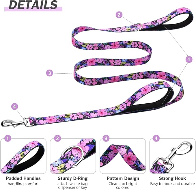 Hikiko Cute Girl Double Handle Dog Leash 6 Foot Padded Traffic Handles for Walking Training (Pinkish-Purple Floral, 6ft)