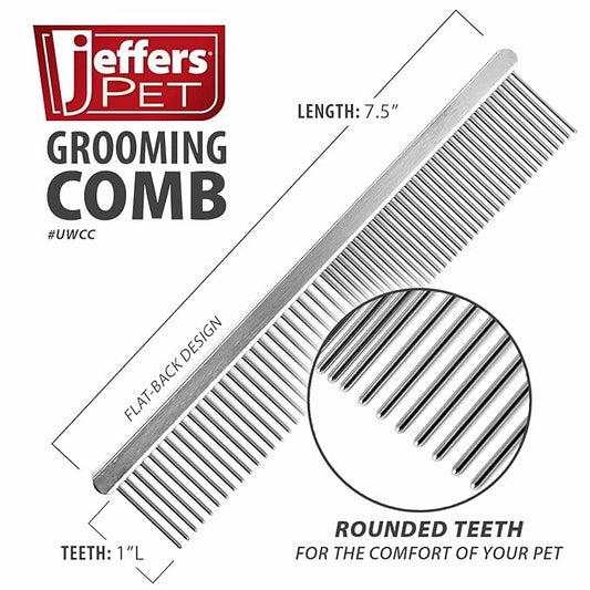 Jeffers Flat Back Pet Grooming Comb – Chrome Plated Steel Comb with Fine & Coarse Teeth for Dogs, Cats, Puppies – Detangling, Deshedding, Dematting Tool for Long or Short Hair - 7.5" L, 1" Teeth