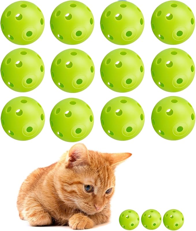 12Pcs Cat Ball Toy, Low Noise No Bells Holey Plastic Cat Balls, Funny Interactive Cats Toys for Indoor Cats, Firm Toy Balls for Kitten Puppy Ferret Bird (1.65", Green)