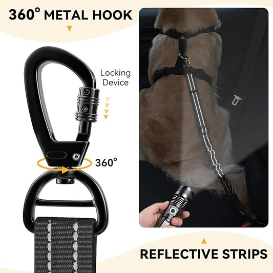 Pawaboo 2Pack Dog Seatbelt for Car,3-in-1 Dog Car Seat Belt Bungee,Shockproof Dogs Tether for Cars with Buckle&Hook Latch, Adjustable Reflective Dogs Cars Harness Leash with 360° Lockable Buckle,Black