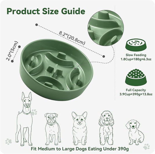 Ceramic Slow Feeder Dog Bowl - Maze Dog Bowl to Slow Down Eating - Feeding Dish for Fast Eaters - Ideal Food Control Dish for Medium to Large Breeds - 8.2 Inch - 1.8 Cups (180g) - Green