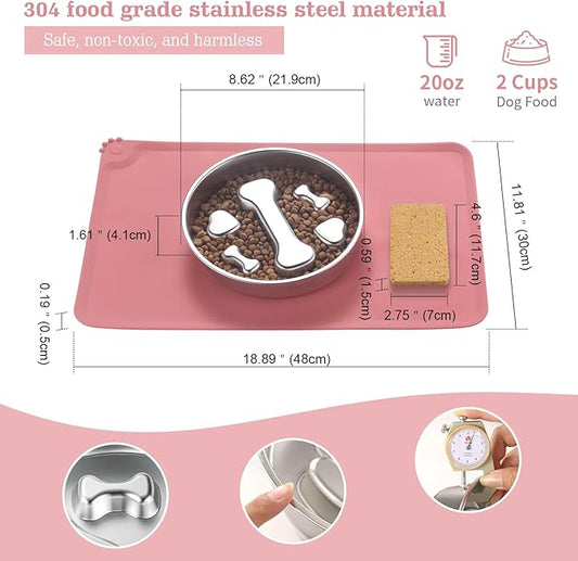 Stainless Steel Slow Feeder Dog Bowls – Non-Slip Metal Dog Bowl for Large & Medium Breeds, Puppy Puzzle Feeder – 2 Cup Capacity for Small to Big Pets – Durable Slow Feed Dog & Cat Food Dish with Mat