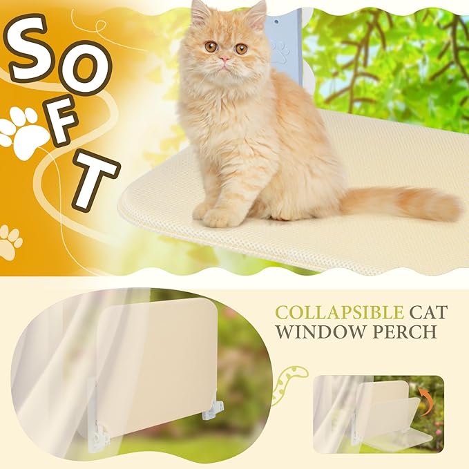 Cat Window Perch Seat Hammock, Foldable Hammock with 4 Strong Suction Cups, Easy to Assemble and Cat Wand,Cream