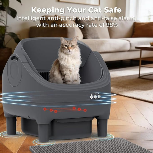 Self Cleaning Litter Box - Open Top Automatic Cat Litter Box with App Control, Odor Control & Anti-Tracking, Large Capacity for Multiple Cats, Quiet Operation, Safety Anti-Pinch Includes Trash Bags
