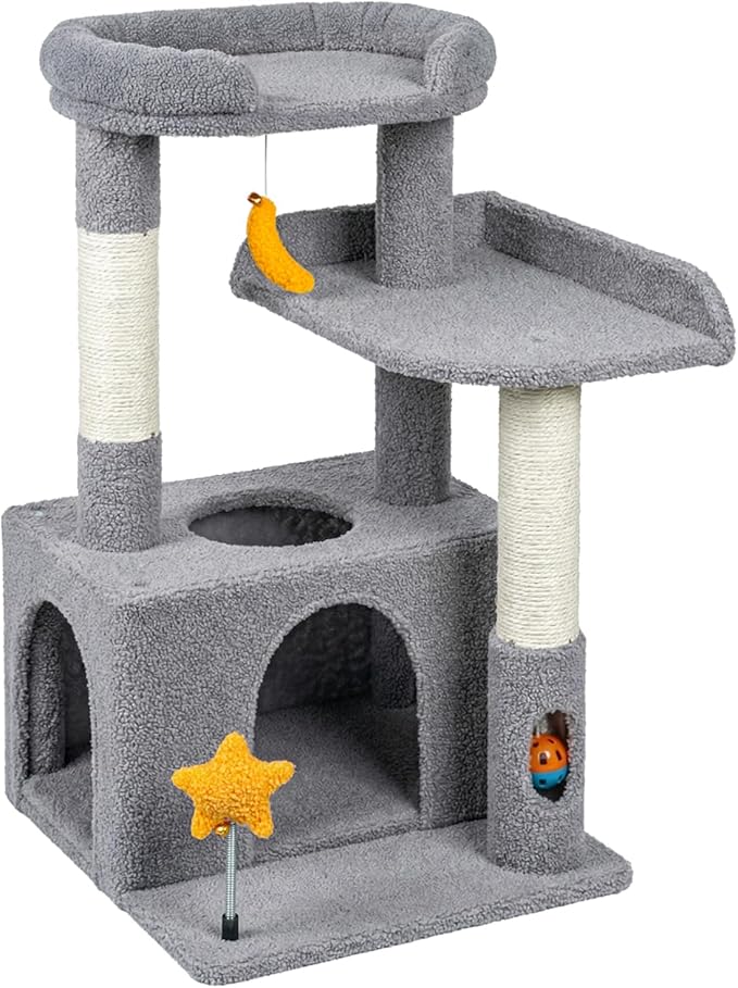 32In Cute Cat Tower for Indoor Cats with Cat Condo, Plush Platform, Hammock, Sisal Scratching Posts, Dangling Ball, Tall Cat Tree Tower with Self-Grooming Brush (Light Grey)