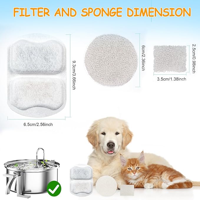 12 Sets Pet Water Fountain Filter Replacement Compatible with Oneisall 7L/230oz Stainless Steel Dog Dispenser - Filtered Dog Water Bowl - Replacement Filters and Sponge