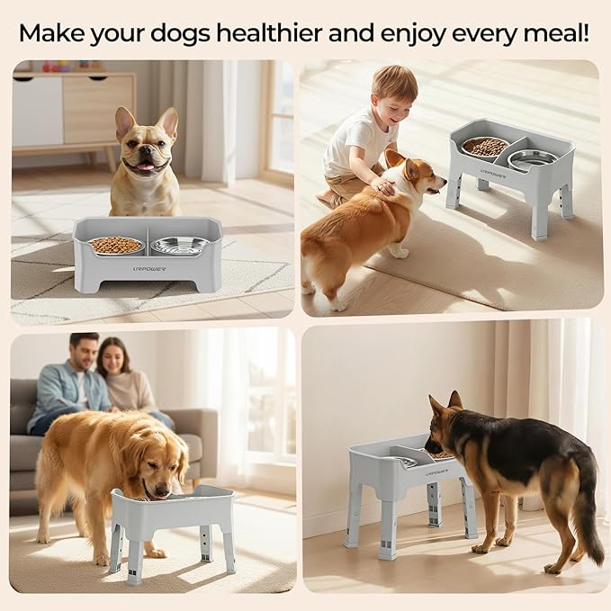 URPOWER Mess Proof Elevated Dog Bowls, High Wall Splash Guard Design, 4 Height Adjustable Raised Bowl Stand, 2 Stainless Steel Bowls, Non-Slip Food Water Set for Small Medium Large Dogs