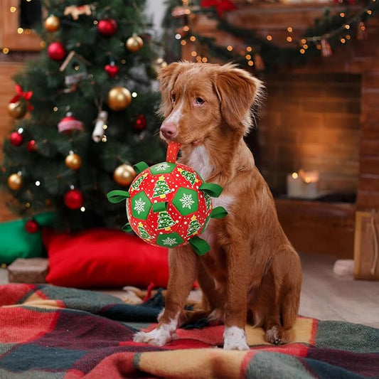 Dog Soccer Toy with Straps - Interactive Ball for Tug of War, Medium Large Dogs - Christmas Xmas Tree Snowflower Pattern