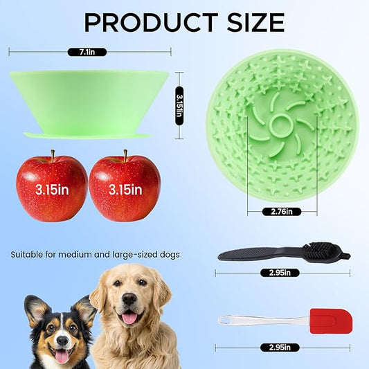 Dog Lick Bowl – Silicone Lick Mat for Dogs, Freezer-Safe, Slow Feeder, Non-Slip Base, Includes Brush & Scraper, Large Opening for Anxiety Relief & Oral Health, Ideal for Frozen Treats (Green)-Large