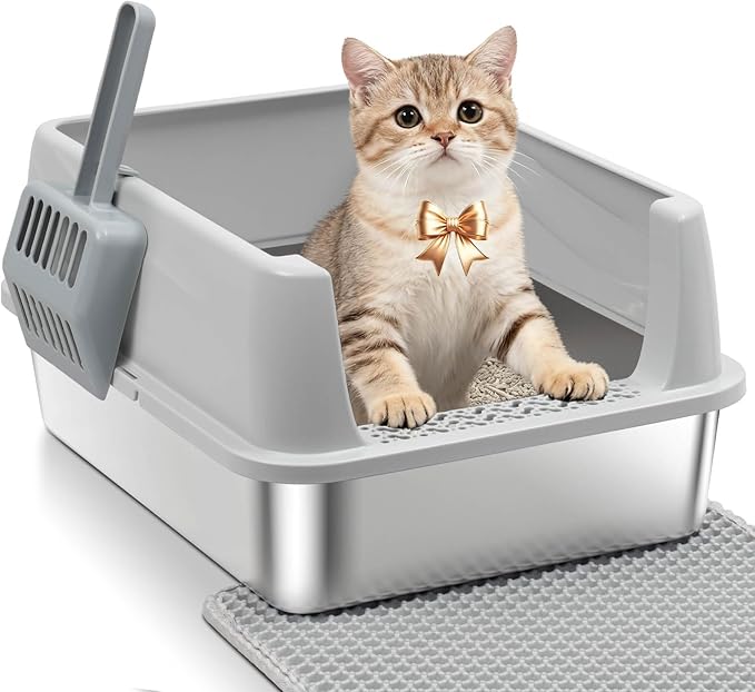 M Stainless Steel Cat Litter Box with Lid,Metal Litter Box High Sides for Kitty/Small Cats,Open Design,Indoor,1-Mat and 1-Scoop,Easy to Clean, No Odor,Anti-Urine Leakage