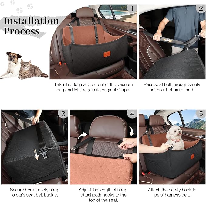 Wooaidagg Dog Car Seat for Medium & Large Dogs Up to 55lbs, Memory Foam Cushion, Washable Cover, Safety Straps & Non-Slip Bottom(Black/Brown,Large)