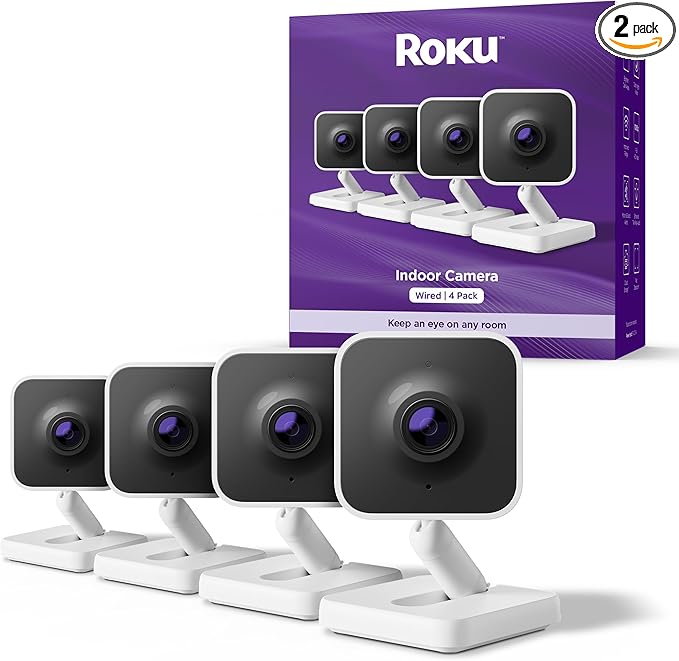 Roku Indoor Camera - Home Security - 4-Pack - Wired Security Camera & Pet Monitor with 1080p HD Color Night Vision, Compatible with Alexa & Google, Motion & Sound Detection, WDR & WiFi 6
