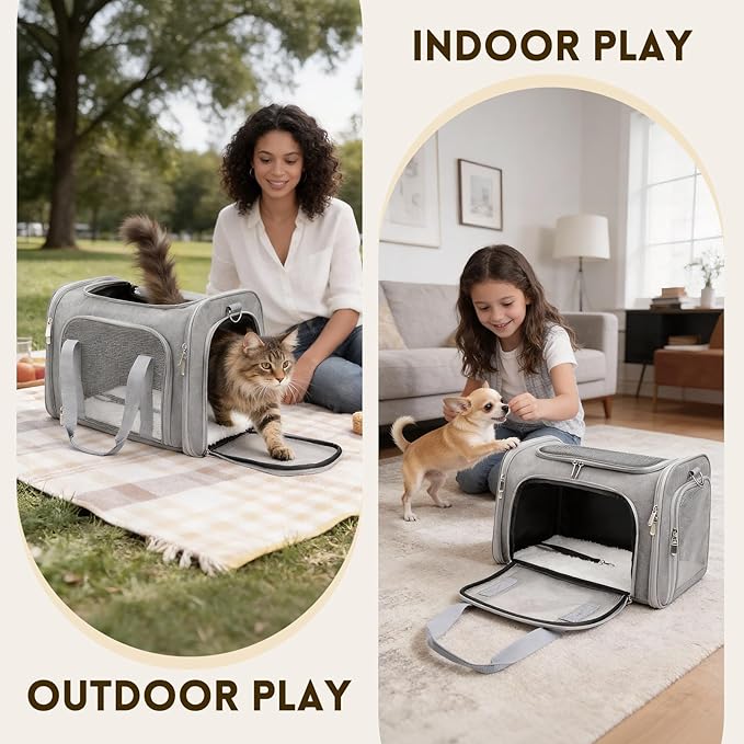 Cat Carrier Soft, Dog Carriers for Small Dogs/Large Cats (Up to 16lbs), with High Breathability, Shoulder Strap, Removable Pad, Pet Carrier Airline Approved, for Home Outdoor Travel (Gray)
