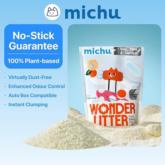Michu Wonder Cat Litter, Cassava Plant-Based Cat Litter, Automatic Litter Box Friendly, Flushable & Fast Clumping, Low Dust Odor Control, 5.5lb/88oz - Lemon Tea 3 Pack