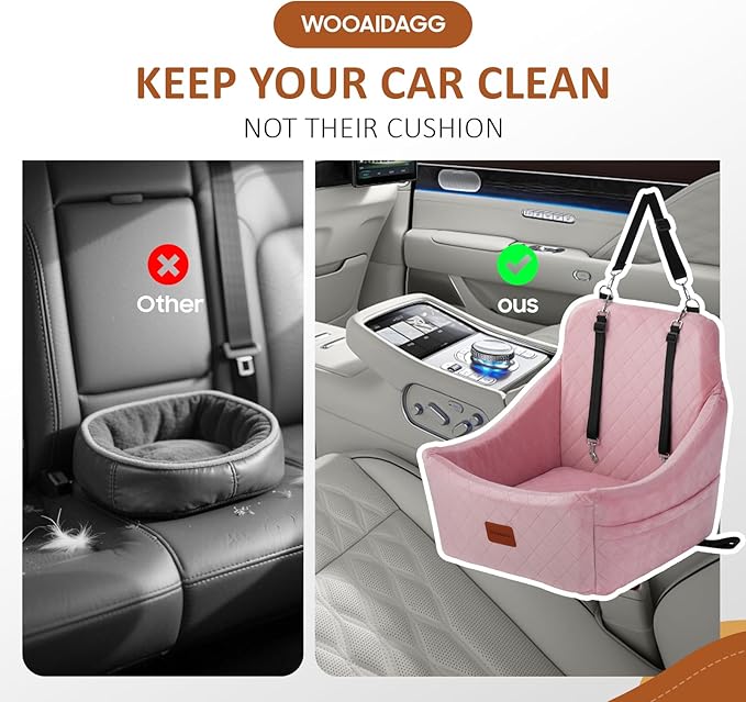 WOOAIDAGG Dog Car Seat for Medium Dogs, Pet Travel Bed with Seat Belt Channel, Fully Detachable and Washable, 3 Straps Easy to Install (Pink)