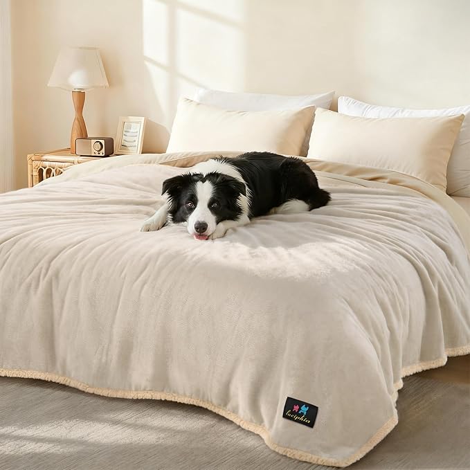 Waterproof Pet Blanket, Liquid Pee Proof Dog Blanket for Sofa Bed Couch, Reversible Sherpa Fleece Furniture Protector Cover for Small Medium Large Dogs Cats, Grey Beige Medium(57" x 40")