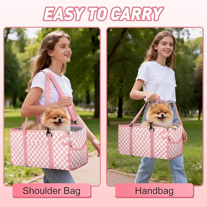 Portable Dog Car Seat for Small Dogs - Pet Booster Seat with Safety Leash & Anti-Collapse Design, Washable Cushion - Center Console Car Travel Carrier for Pets Up to 12 lbs, Pink Checkered