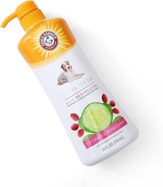 Arm & Hammer Ultra Fresh 2 in 1 Detangling Dog Shampoo and Conditioner with Baking Soda Deodorizer, Moisturizing Pet Wash for Tangles and Odor Control, Cucumber Prickly Pear Scent, 24 Fl Oz
