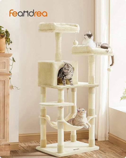 Feandrea Cat Tree, 56.3-Inch Cat Tower, Multi-Level Plush Condo with 11 Scratching Posts, 2 Perches, Hammock, Cave, Beige UPCT15BE
