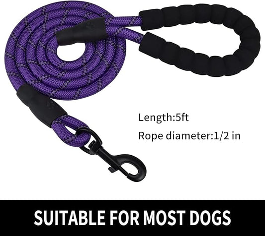 5/6 FT Strong Pet Dog Leash with Soft Padded Handle,Highly Reflective Rope for Night Walking,360-Degree Rotating Metal Buckle Without Tangles,Suitable for Small,Medium and Large Dogs.(5ft)