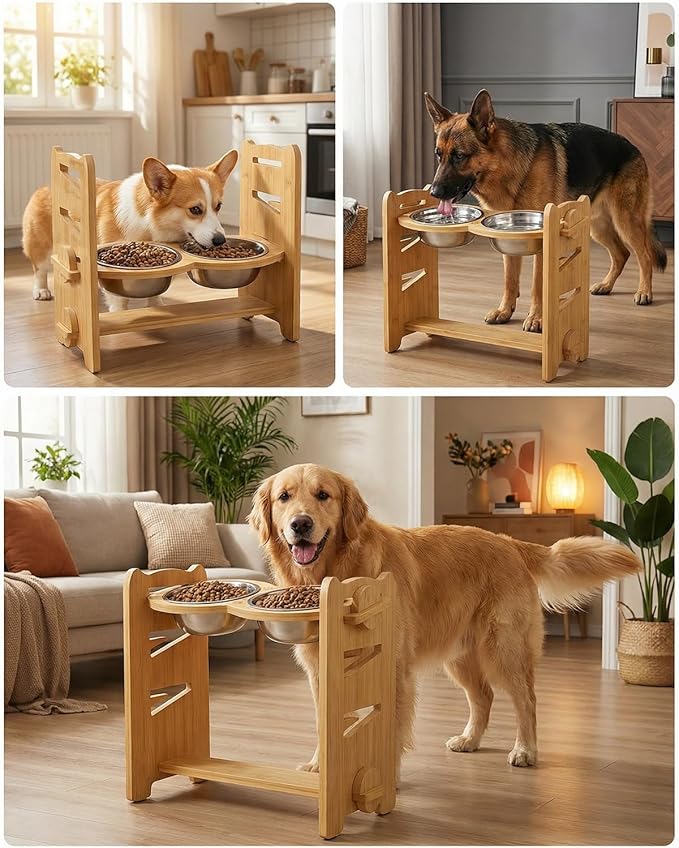 Elevated Dog Bowls, Adjustable Raised Dog Bowl Stand for Medium Size Dogs, 15°Tilted Elevated Dog Bowls, Durable Bamboo Dogs Feeder with 2 Stainless Steel Bowls and Non-Slip Feet