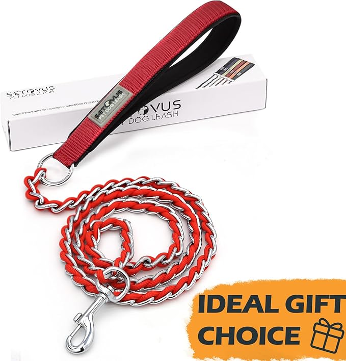 Chain Dog Leash Chew Proof Metal Leash for Medium Large Dogs, Chain Link Dog Anti Chew 5.2FT / 4FT Strong Anti Bite Comfortable Soft Padded Handle (Red, 4FT(80-150lb))