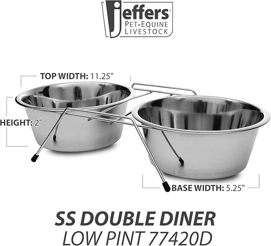 Jeffers Pet Low Profile Stainless Steel Double Diner Pet Bowls with Non-Skid Frame – Dog Bowls & Cat Bowls for Food, Water, Milk, Wet or Dry Pet Food, Puppy, Kitten Feeding Station Set - 16 oz