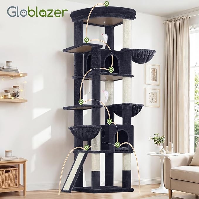 Globlazer Extra Large Cat Tree, 78 inch Sturdy Tall Cat Tree Tower for Indoor Multiple Large Adult Cats Kittens with 6 Scratching Posts, Enlarged Top Perch, 2 Padded Condos, S78G, Dark Grey