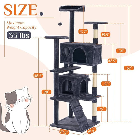 DUMOS 62-inch Indoor Cat Tree Tower –Multi-Level Pet House for Large Cats with 2 Condos, Scratching Posts, Round Platform, Small Ladder, and Toys, Grey