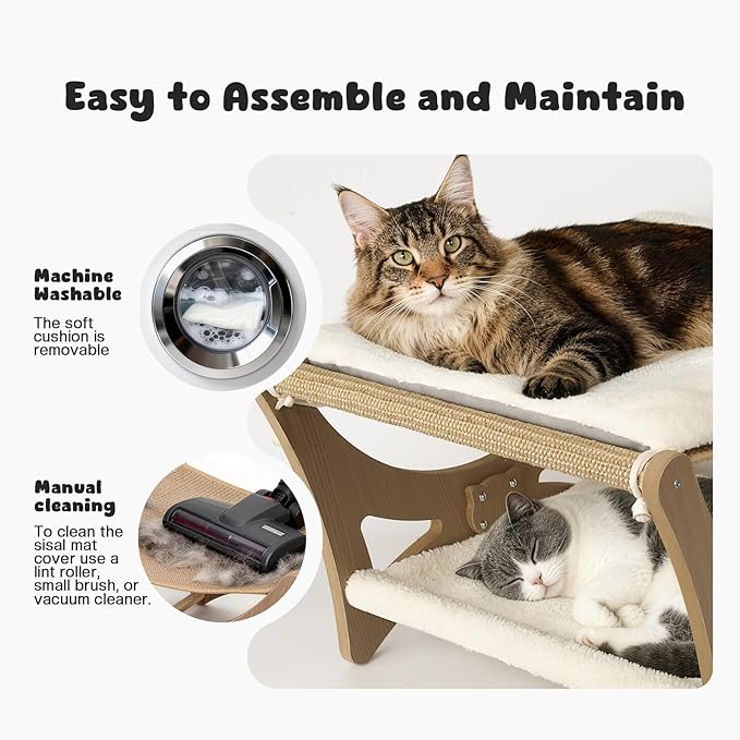Double-Layer Cat Hammock Bed, Wooden Elevated Cat Beds with Natural Sisal Scratching Mat, Cats Scratcher Bed with Removable Soft Cushion, Cats Scratching Beds with Wood Frames