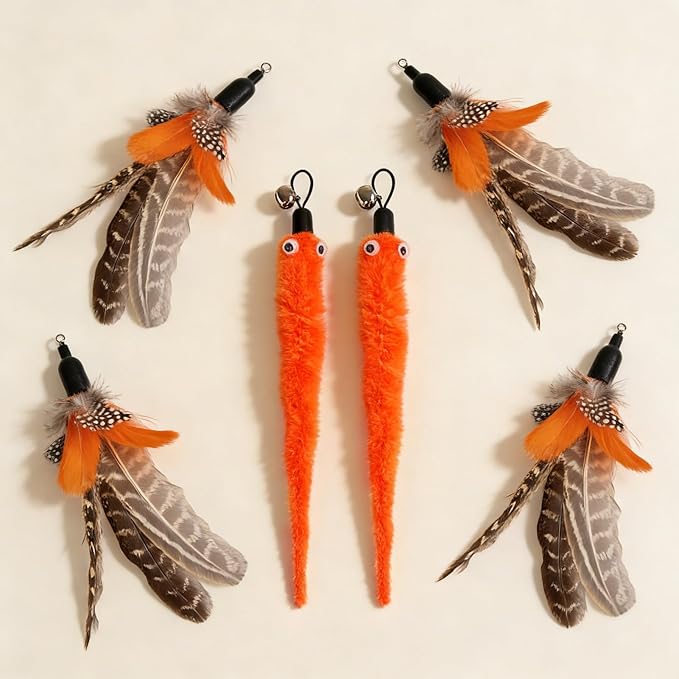 whitefeather Cat Wand Toy – Ultra-Light 33g Retractable Teaser (9–31.5") with 6 Natural Feather Heads, 2 Replacement Strings & Clip-On Pouch – Safe, Washable & Perfect for On-The-Go Play
