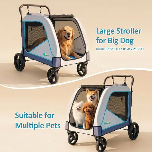 Ownpets Extra-Large Dog Stroller for Large Dogs Up to 154lbs, with Hanging Storage Bag, Foldable Dog Wagon with Adjustable Handle & Breathable Mesh, 4 Wheels Pet Stroller