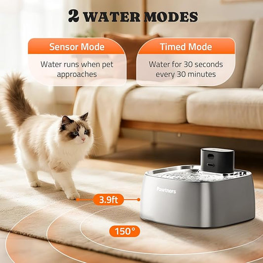 Pumpless Cat Water Fountain Stainless Steel, Automatic Cordless Cats and Dogs Water Dispenser 108oz/3.2L, Pawtners Battery Operated Pet Fountain with Smart Indicator &150° Motion Sensor