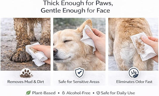 Dog Wipes for Paws, Butt & Body – Thick Plant Based Pet Wipes, Unscented, Gentle for Sensitive Skin (100 Count)