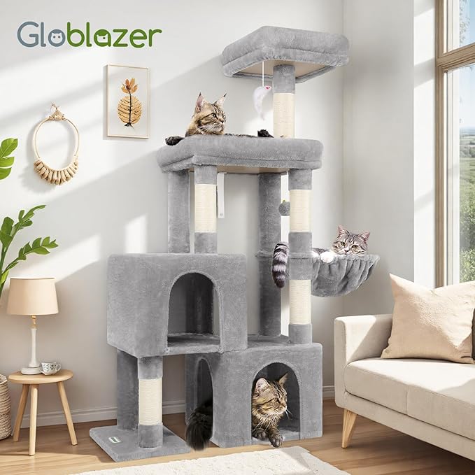 Globlazer Cat Tree Tower with 2 Cat Condos for Multiple Indoor Cats, 52in Multi-Level Plush Cat Condo Tower with 5 Sisal Scratching Posts, 2 Padded Perches, Big Basket, Widened Base, S52, Light Grey