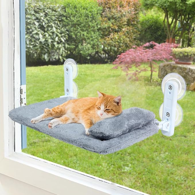 2-Pack Cat Window Perch for Cats Inside Cordless, Sturdy Foldable Cat Hammock Bed for Window with Pillow, Pet Window Seat with Metal Frame and Reversible Cover, Pet Perch Bed Shelf for Cats Inside(L)
