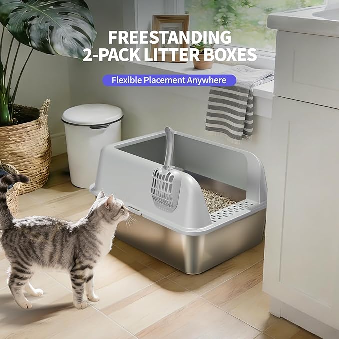Stainless Steel Cat Litter Box for Kittens, 2 Pack Metal Kitty Litter Box with Scoop, Easy to Clean, No Stains, Anti-Leakage -Small (17.2" L x13.2 W x10.3 H)