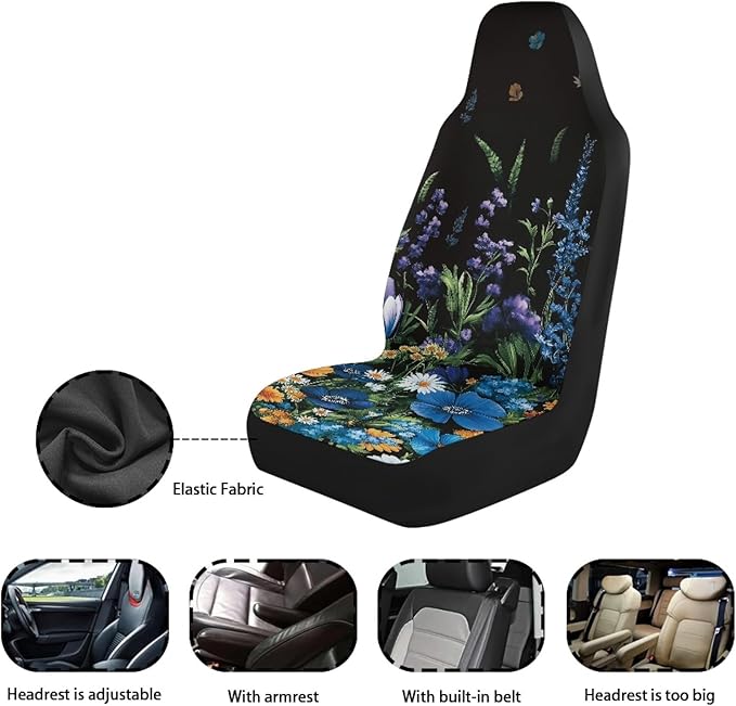 Sunflowers Daisy Car Seat Covers Front Seats Only for Women Blue Flowers Front Bucket Seat Accessory Interior Decoration Universal Fit for Most Vehicles