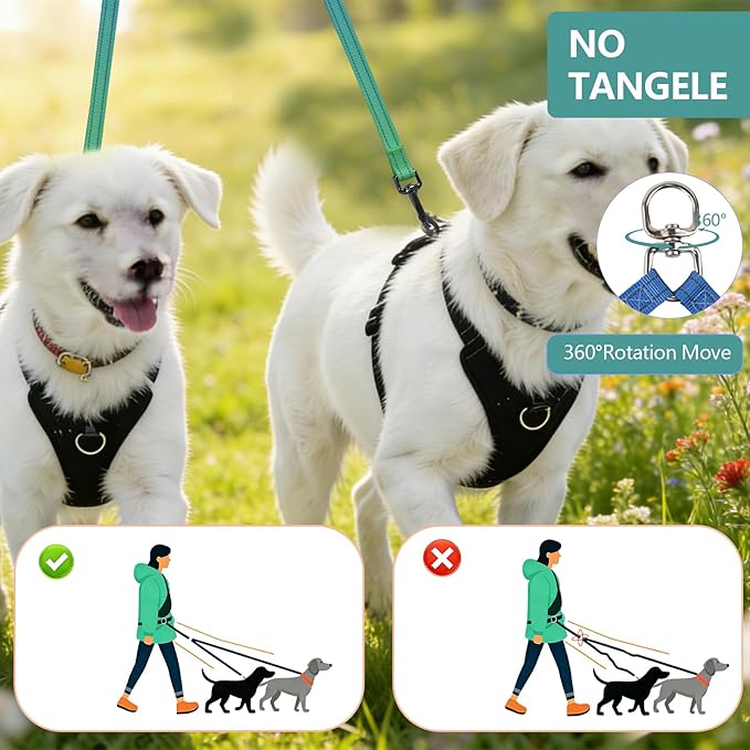 Roses&Poetry Hands Free Double Dog Leash for Two Dogs, 9-11ft Adjustable Bungee Walking Waist Lead, Dual Dog Leash with Tangle-Free Swivel for Medium Large Dogs Heavy Duty Running(Bluegreen)