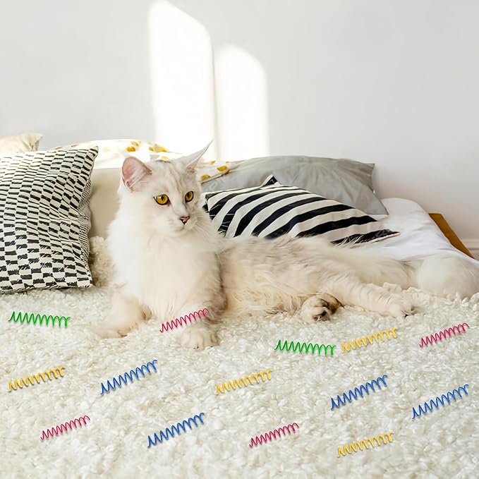 Andiker Mini Cat Spiral Springs, 16Pcs Cat Springs Toy Come with a Storage Box Long-Lasting 4 Bright Colors Plastic Springs Cat Toy for Indoor Cat Swatting Biting Hunting Self-Play Kitten Toys (S)
